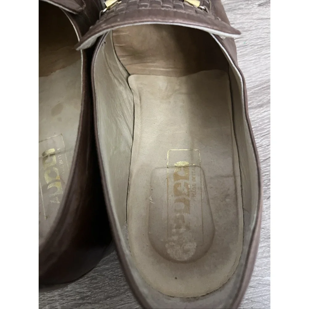 Pucci Loafers Mens 10 Brown Woven Leather Gold Bar Slip On Made in Italy Vintage
